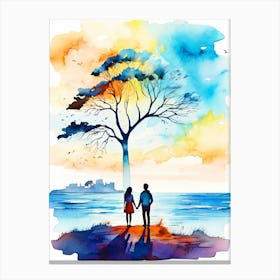 Watercolor Couple Holding Hands Under A Tree Canvas Print