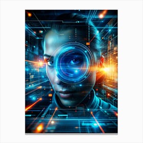 Close Up Portrait Of A Woman With A Futuristic Hud Overlay Focusing On Her Eye, Surrounded By Glowing Blue And Orange Data Streams Canvas Print