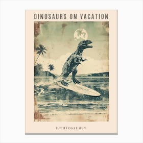 Vintage Icthyosaurus Dinosaur On A Surf Board 1 Poster Canvas Print
