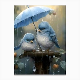 Birds In The Rain,Sheltered Companionship: Two Birds Under an Umbrella Canvas Print