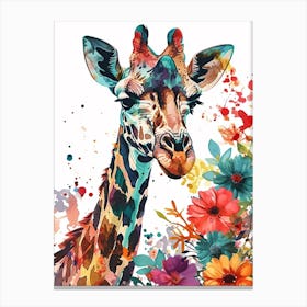 Giraffe With Flowers Watercolour 1 Canvas Print