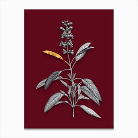 Vintage Sage Plant Black and White Gold Leaf Floral Art on Burgundy Red n.0986 Canvas Print