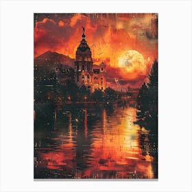 Sunset Over The Lake, Cityscape Collage Retro Canvas Print