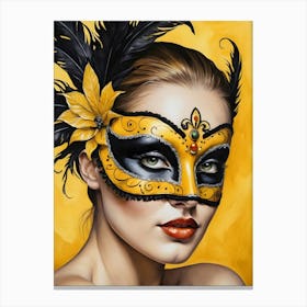 A Woman In A Carnival Mask, Yellow And Black (2) Canvas Print