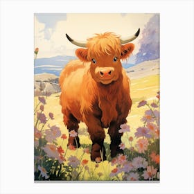 Animated Sweet Highland Cow With Flowers Canvas Print