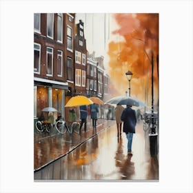 Amsterdam cafes, autumn season, rain, autumn oil colours.Faded colours,People passing on the street, winter clothes, rain umbrellas.1 4 Canvas Print