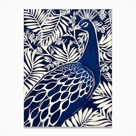 Navy Blue Peacock With Tropical Leaves 2 Canvas Print