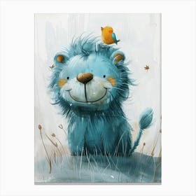 Small Joyful Lion With A Bird On Its Head 3 Canvas Print