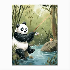 Giant Panda Fishing In A Stream Storybook Illustration 3 Canvas Print