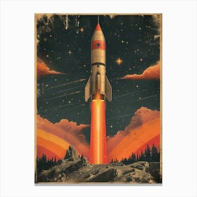 Space Odyssey: Retro Poster featuring Asteroids, Rockets, and Astronauts: Space Rocket 1 Canvas Print
