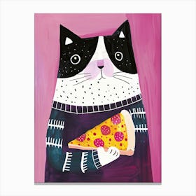 Happy Black And White Cat Pizza Lover Folk Illustration 1 Canvas Print