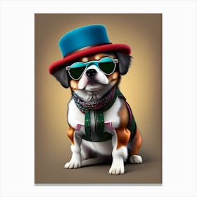 Portrait Of A Small Dog Wearing A Hat And Sungla Canvas Print