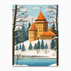 Retro Winter Illustration Trakai Castle Lithuania Canvas Print