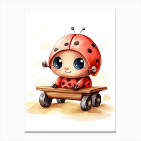 Baby Ladybug On A Toy Car, Watercolour Nursery 0 Canvas Print
