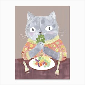 Cute Cat Eating Salad Folk Illustration 4 Canvas Print