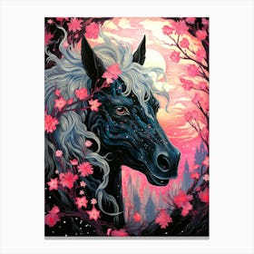 Black Horse In Cherry Blossoms Canvas Print