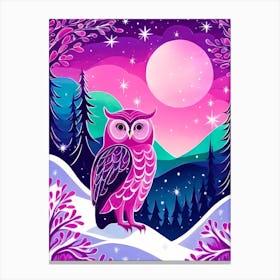 Pink Owl Snowy Landscape Painting (20) Canvas Print
