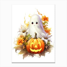 Cute Ghost With Pumpkins Halloween Watercolour 10 Canvas Print