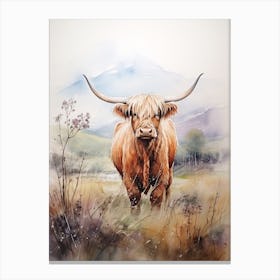 Curious Highland Cow In Field With Rolling Hills Watercolour 3 Canvas Print