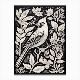 B&W Bird Linocut Cardinal 3 Canvas Print