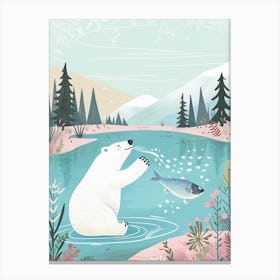 Polar Bear Catching Fish In A Tranquil Lake Storybook Illustration 4 Canvas Print