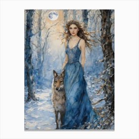 Diana - Goddess of Wolves, Pagan Moon Goddess Fairytale Witchy Watercolor Wiccan Original by Lyra the Lavender Witch - Winter Forest Yule Full Moon Spell Casting Magick Artwork Perfect For Witchcore or Cottagecore Gallery Feature Wall HD Canvas Print