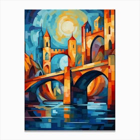Old Stone Castle at Night, Abstract Vibrant Colorful Painting in Van Gogh & Cubism Style Canvas Print