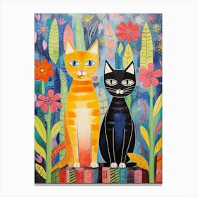 Two Patchwork Cats In A Floral Garden Canvas Print