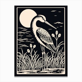 B&W Bird Linocut Stork 1 Canvas Print