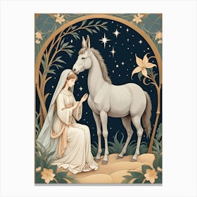 Elegant Nativity Scene with Mary and White Donkey in Art Nouveau Style Canvas Print