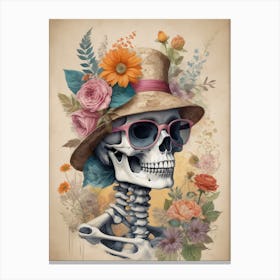 Vintage Floral Skeleton With Hat And Sunglasses (64) Canvas Print