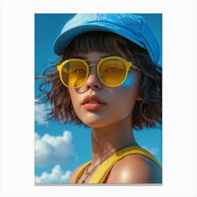 An Avatar Featuring A Youthful Female Character Sporting A Striking Blue Face Cap On Top Their Wide Canvas Print