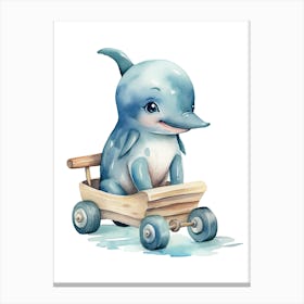 Baby Dolphin On Toy Car, Watercolour Nursery 2 Canvas Print