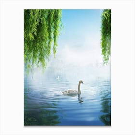 Fluffy Cygnet Gliding Through Serene Waters Ripples Circling With Gentle Strokes Reflection Of Ove Canvas Print