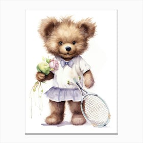 Badminton Teddy Bear Painting Watercolour 1 Canvas Print
