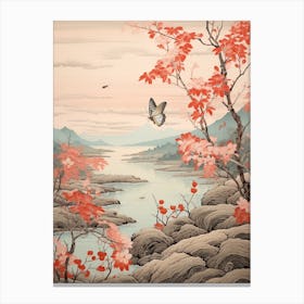 Japanese Blossom & A Butterfly By The River Canvas Print