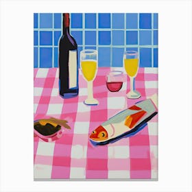 Painting Of A Table With Food And Wine, French Riviera View, Checkered Cloth, Matisse Style 1 Canvas Print