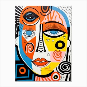 Colourful Linocut Inspired Face Illustration 4 Canvas Print