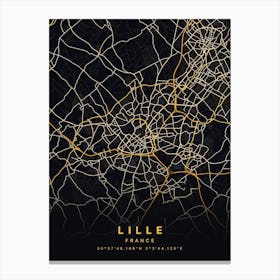 Lille France Black And Gold Map Canvas Print