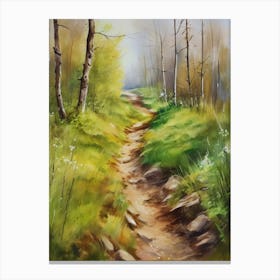 Path In The Woods.Canada's forests. Dirt path. Spring flowers. Forest trees. Artwork. Oil on canvas.17 Canvas Print