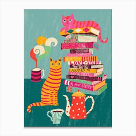 Cozy Tea Time Reading With Cats Canvas Print