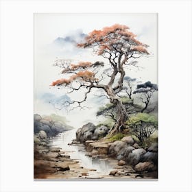 Ritsurin Garden In Kagawa, Japanese Brush Painting, Ukiyo E, Minimal 2 Canvas Print