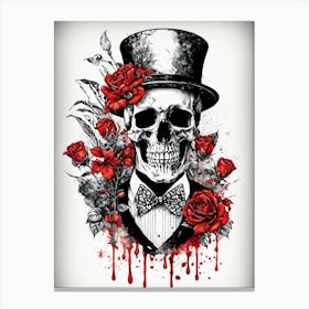 Floral Skeleton With Hat Ink Painting (84) Canvas Print
