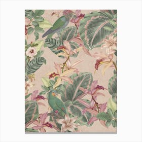 Vintage Jungle Parrots And Flowers Canvas Print