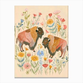 Folksy Floral Animal Drawing Bison Canvas Print