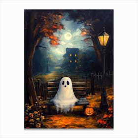 A Cute Ghost With A Pumpkin Lantern Canvas Print