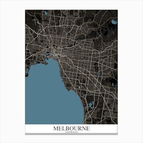 Melbourne Black Blue Map Canvas Print
