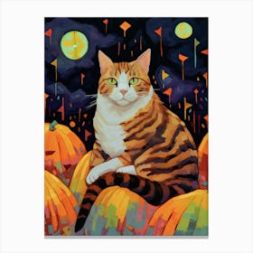 Ginger Cat With Pumpkins Autumn Fall Oil Painting Canvas Print