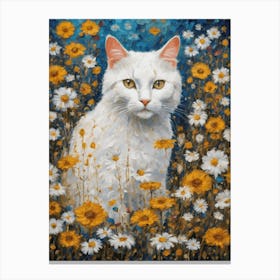 Klimt Style White Cat in Colorful Garden Flowers Meadow Gold Leaf Painting - Gustav Klimt and Monet Inspired Textured Acrylic Palette Knife Art Daisies Poppies Amongst Wildflowers at Night Beautiful HD High Resolution Canvas Print