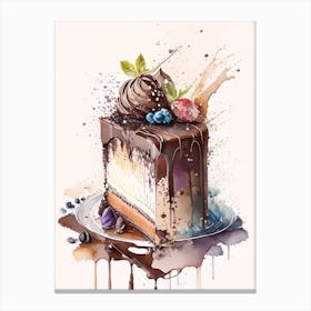 Triple Chocolate Cake Dessert Storybook Watercolour Flower Canvas Print